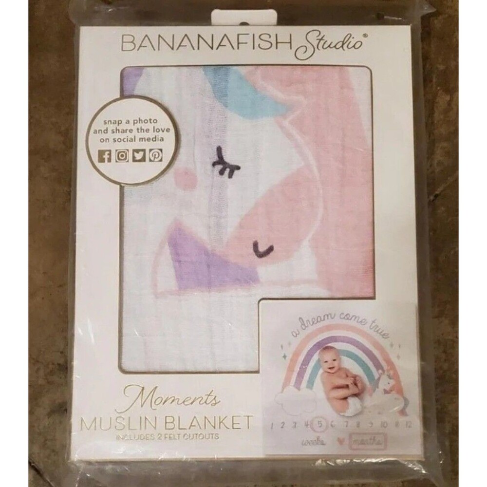 Bananafish Studio Unicorn Milestone Muslin Moments Blanket + 2 Felt Cutouts New